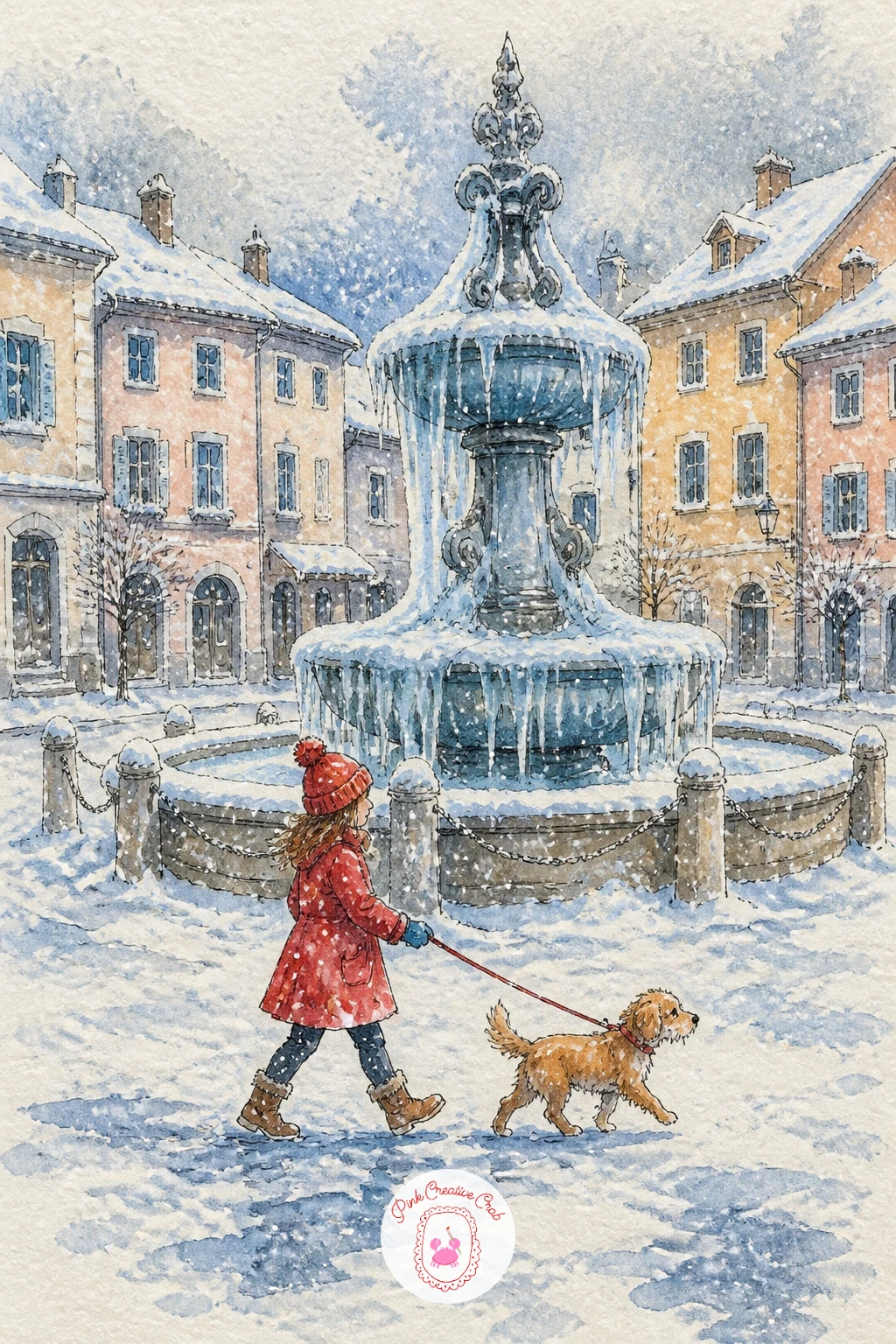 Village Square With Frozen Fountain and Girl Walking a Dog — A village square asks for a bit more planning, since you now have a central feature and a figure