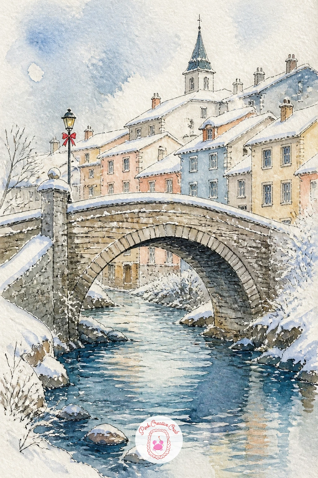 Stone Bridge Into a Snowy Village — Following on from the square, try a wider view with a stone bridge leading the eye into a snowy village by a river. Village