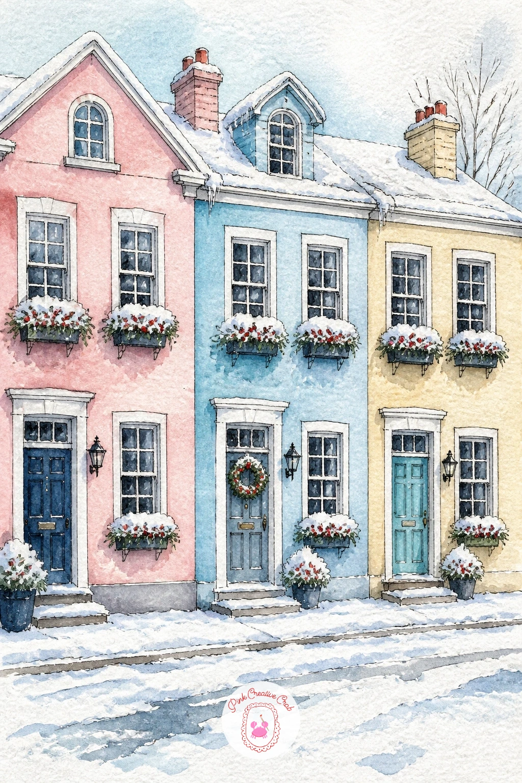 Row of Pastel Houses With Snowy Window Boxes — Simplify things again with a straight row of pastel houses, each one topped with a little snow sitting in its