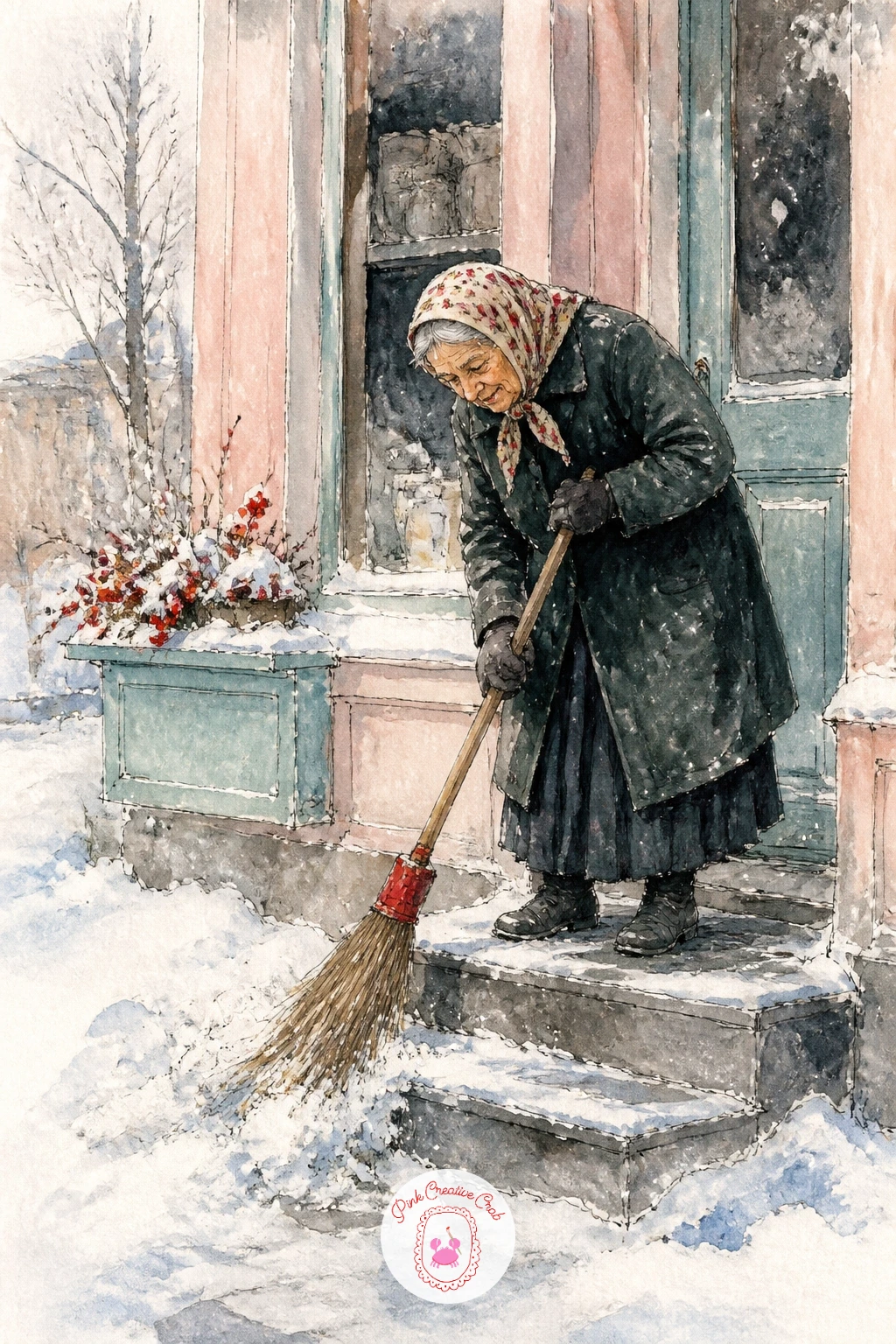 Old Woman Sweeping Snow From Her Shop Step — Bring in your first real character with an old woman sweeping snow from her shop step early in the morning.