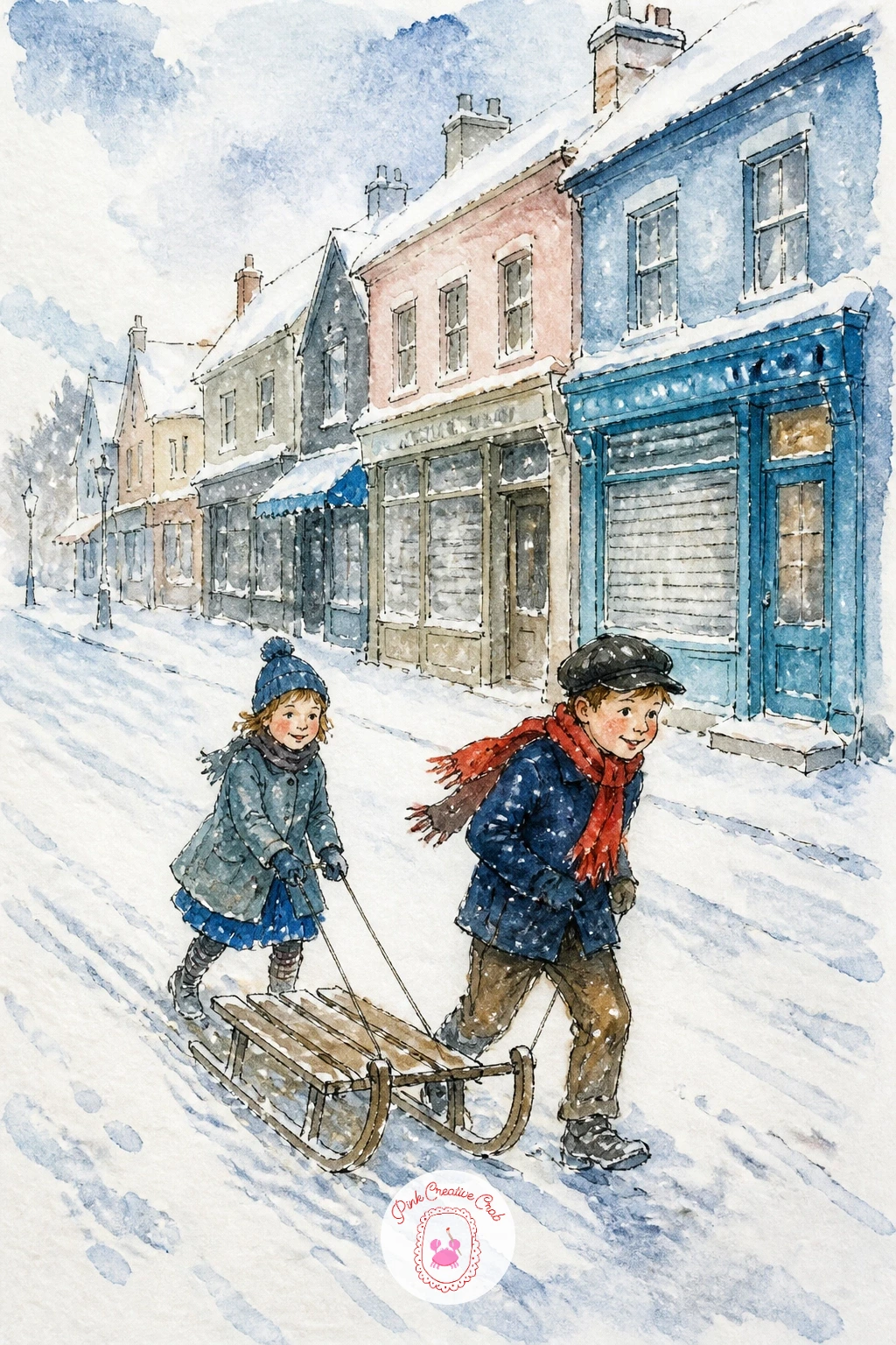 Children Pulling a Sled Down the Main Street — Add motion next with children pulling a sled down the main street, past shuttered shopfronts still waking up.