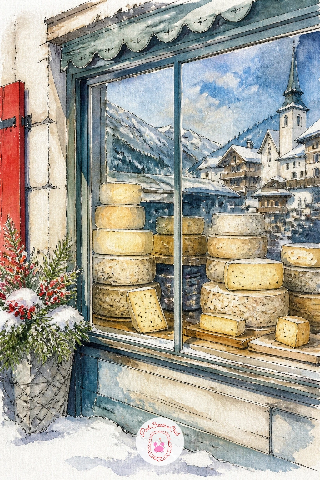 Cheese Shop Window in an Alpine Village — Slow back down for a close shopfront study with a cheese shop window stacked with wheels and wedges in an alpine