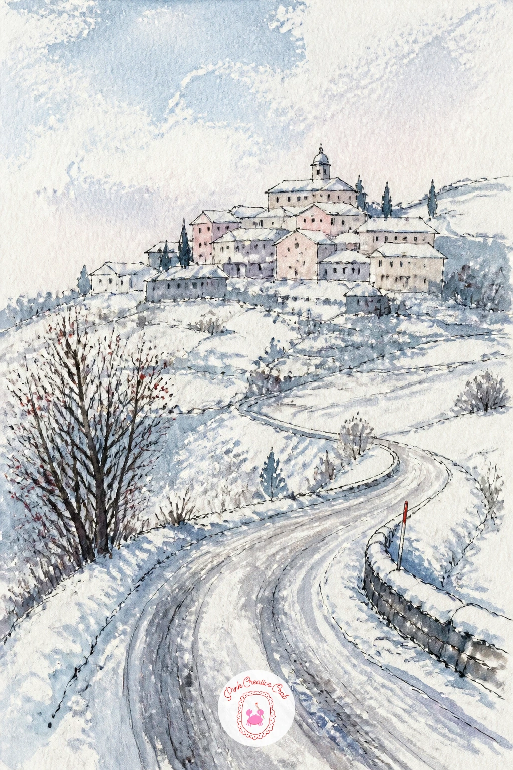 Snowy Hilltop Village Seen From a Winding Road — Pull right back now for a landscape view: a snowy hilltop village seen from a winding road below. Village