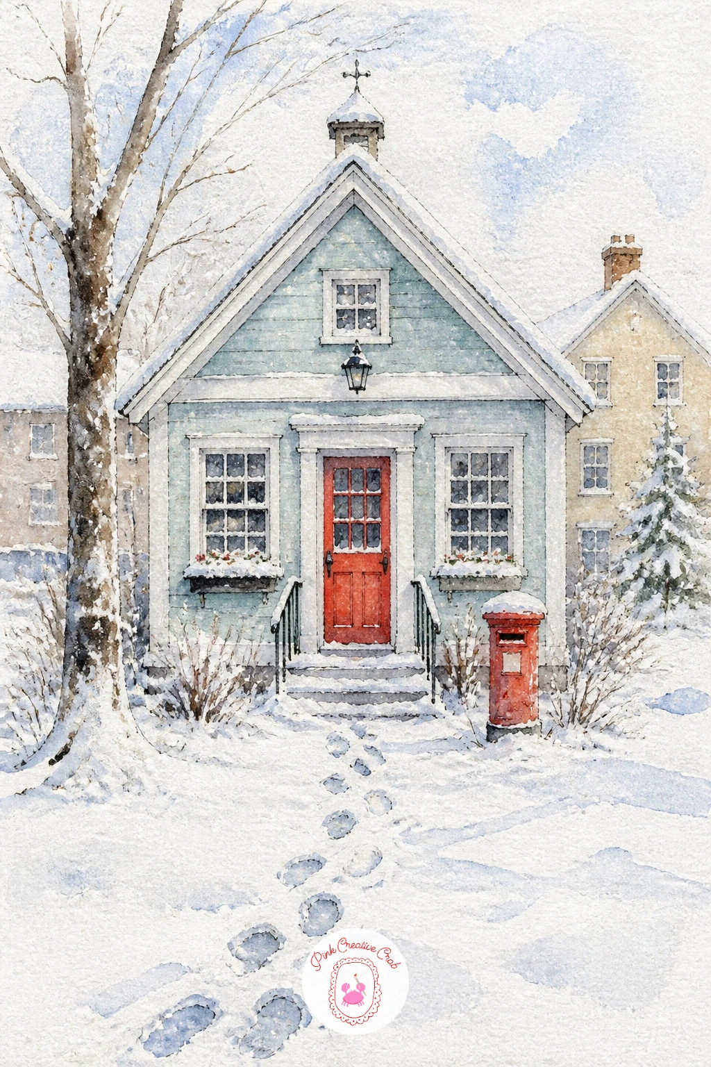 Village Post Office With Footprints to the Door — Narrow back in on a single building with the village post office, its door framed by a trail of footprints