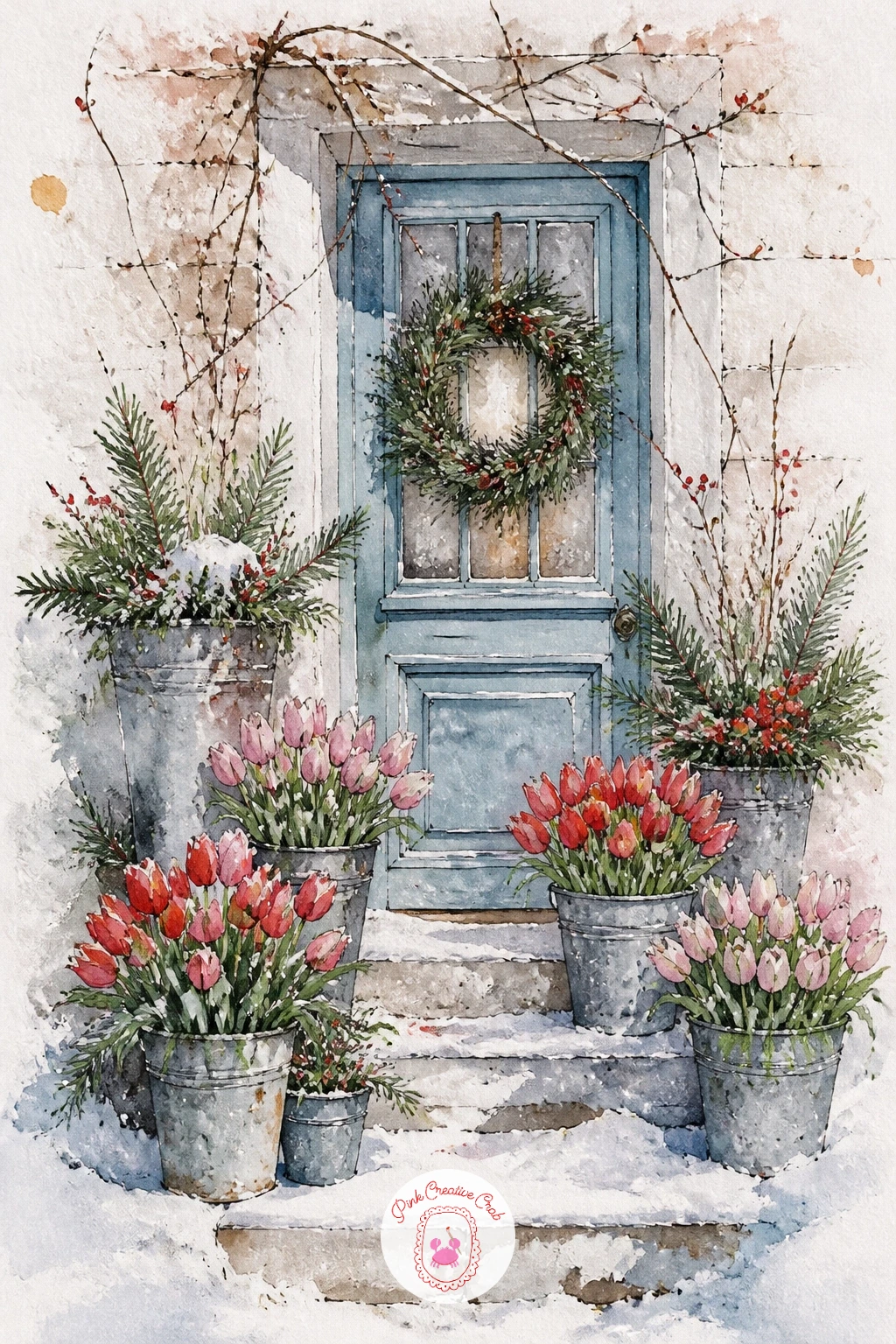 Florist's Doorstep With Winter Buckets — Warm the page up with a florist's doorstep, buckets of tulips and winter greens spilling out onto the snowy step.