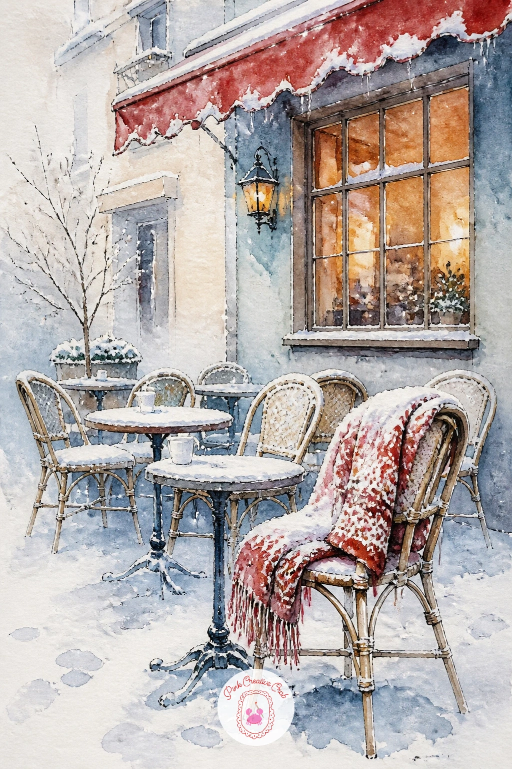 Cafe Terrace With Blankets on Snowy Chairs — Follow the florist with a quieter scene, a cafe terrace where blankets sit folded over snowy chairs, waiting for
