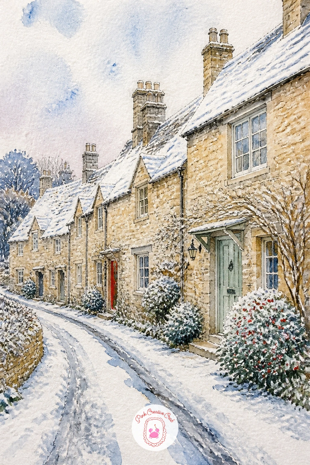 Cotswold Stone Village Under Thin Snow — Shift the palette for a Cotswold stone village, its honey colored walls just dusted with a thin layer of snow rather