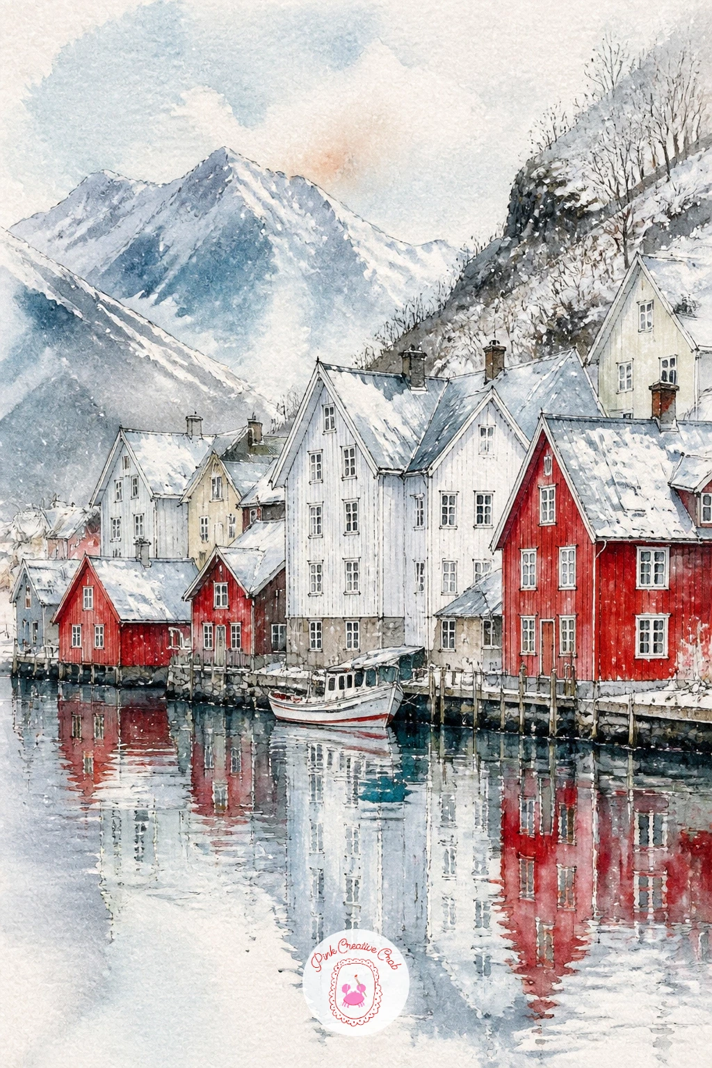 Fjord Village of White and Red Houses — Travel north next for a fjord village, its white and red timber houses lining the water under a morning dusting of