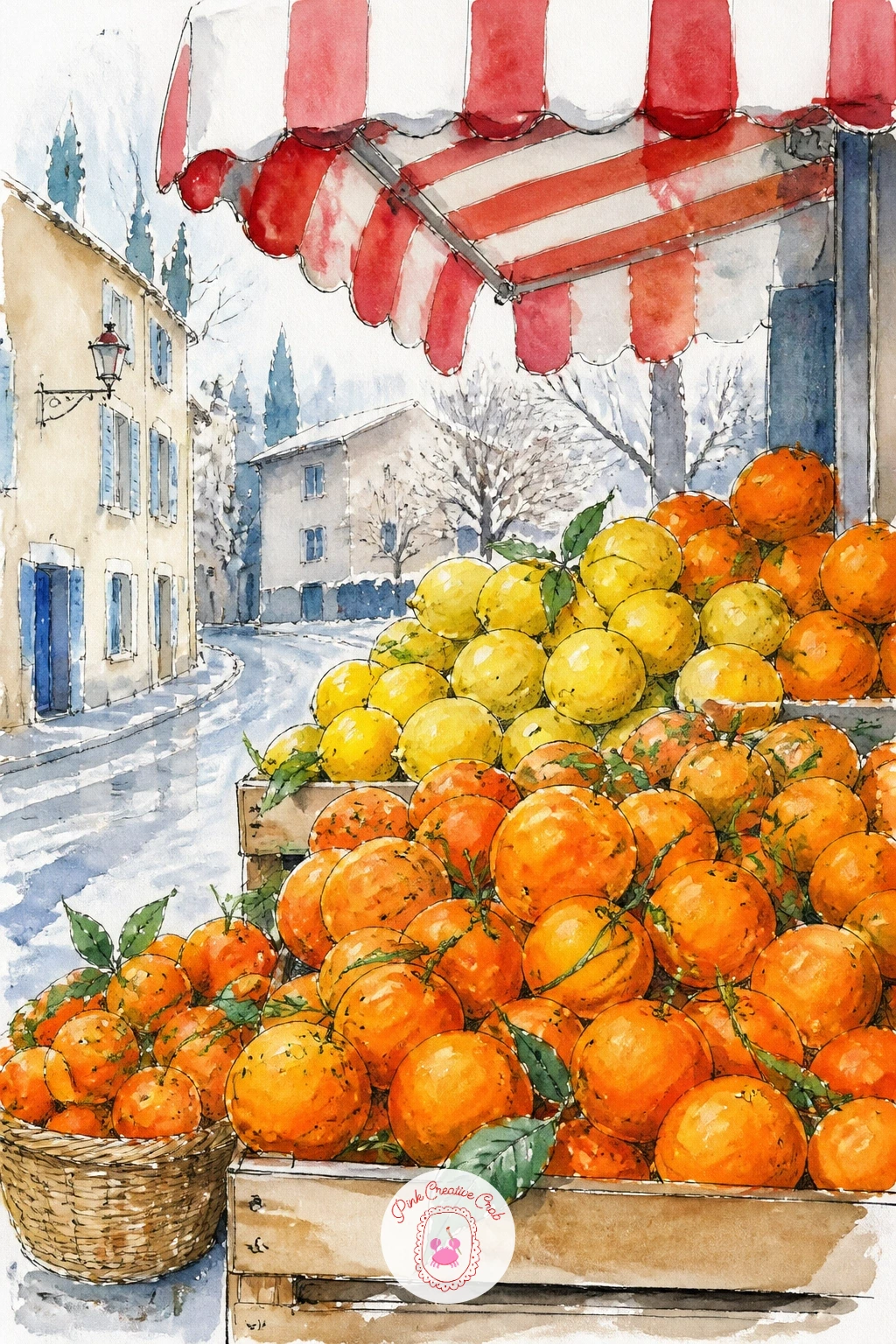 Greengrocer's Stall of Winter Citrus — Return to street level for a greengrocer's stall, crates of winter citrus glowing under a striped awning against the