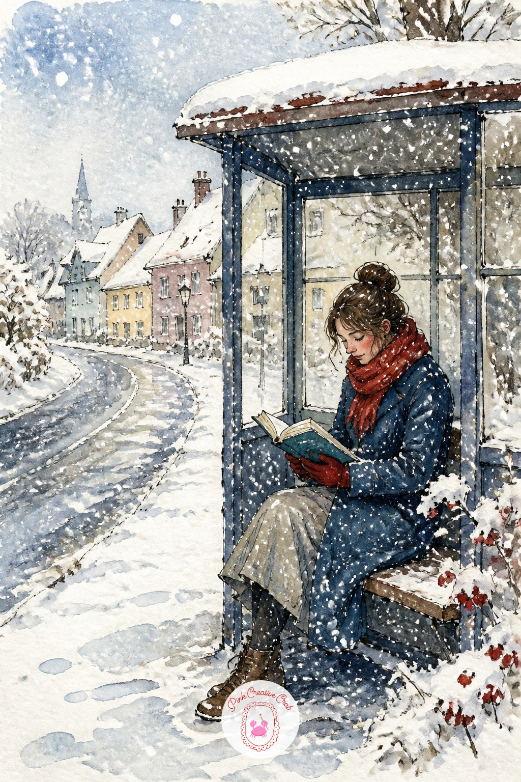 Snowy Village Bus Stop With a Woman Reading — Slow the pace with a small, quiet moment: a snowy village bus stop where a woman waits, reading, while snow