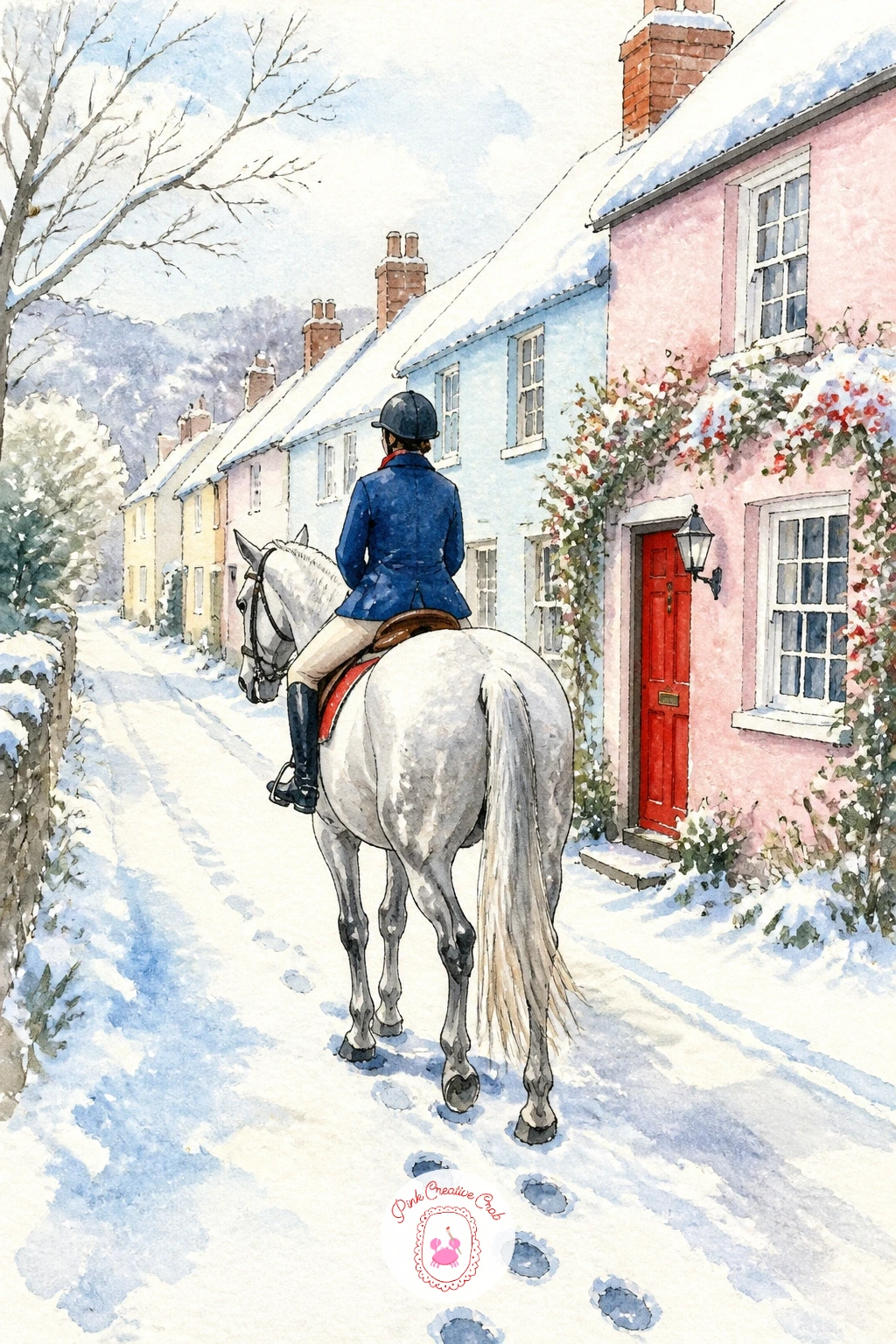 Horse and Rider on a Snowy Lane — Add a larger moving figure with a horse and rider passing a row of cottages along a snowy lane. Village drawing