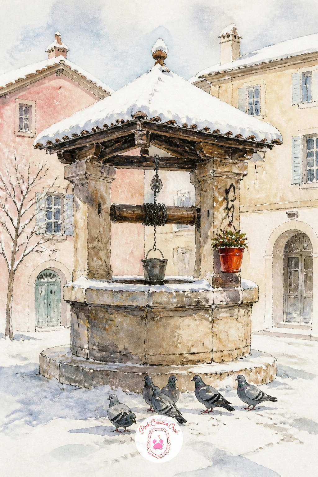 Village Well in a Snowy Square With Pigeons — Return to a central landmark with an old village well standing in a snowy square, a few pigeons gathered around