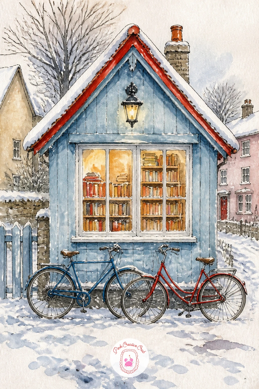 Village Library With a Lit Window and Bikes Outside — Bring warmth back with a village library, its window glowing against the early dark, a couple of bicycles