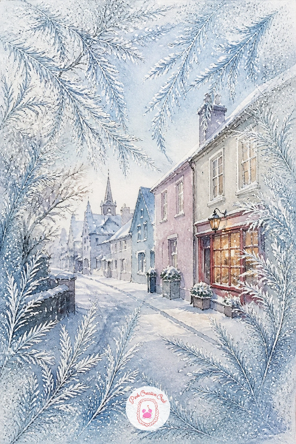 Snowy Street Seen Through a Frosted Window — Try a different kind of framing now, a snowy village street seen from inside, through a window edged with frost.