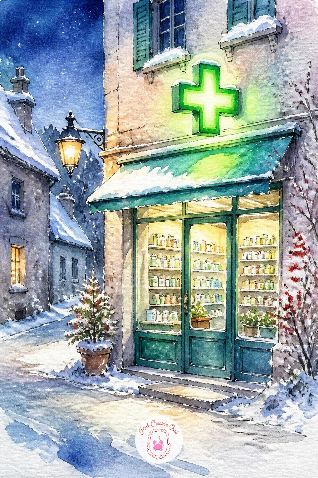 Village Pharmacy With a Glowing Green Cross — Give the street one more point of light with a village pharmacy, its green cross sign glowing against the evening