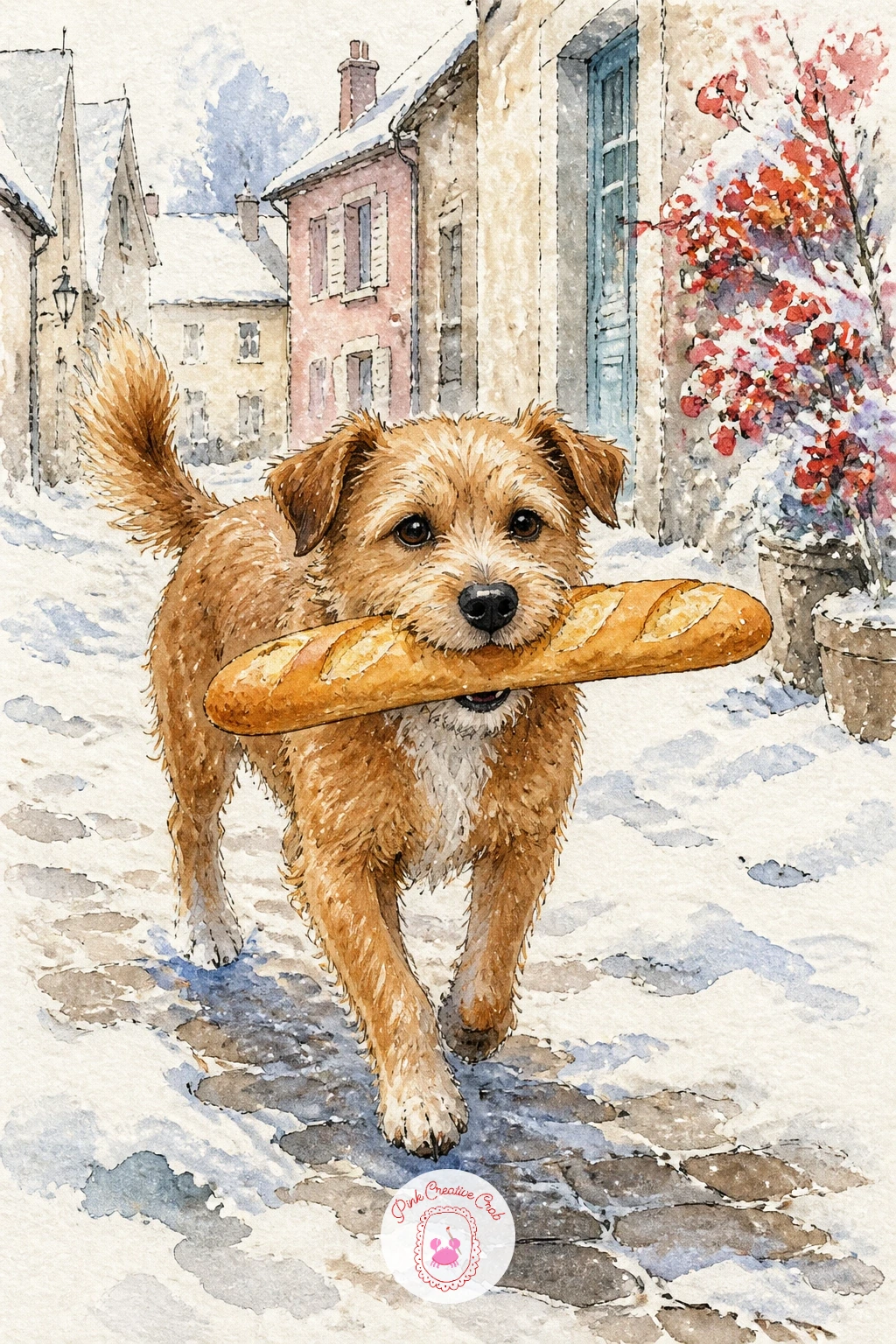 Village Dog Trotting Home With a Baguette — Lighten the mood with a small, cheerful character: a village dog trotting home along a snowy lane, a baguette held