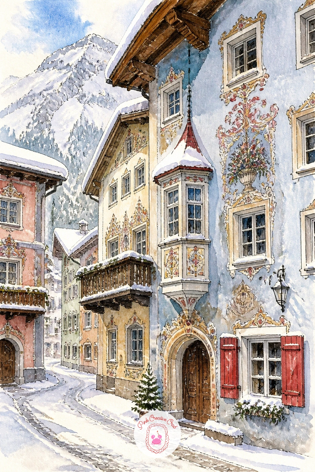 Tyrolean Village of Painted Housefronts — Step up to a fuller composition with a Tyrolean village, its housefronts decorated with painted details and snowy