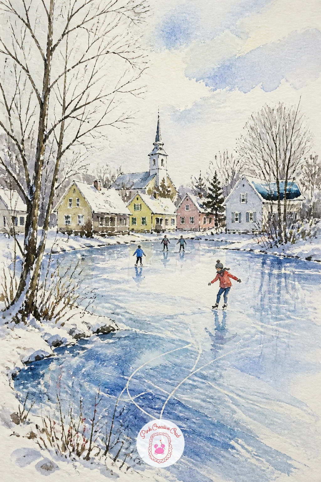 Village Pond Turned Ice Rink With Skaters — Open the page up again for a village pond that has frozen solid, a few skaters gliding across it under a pale