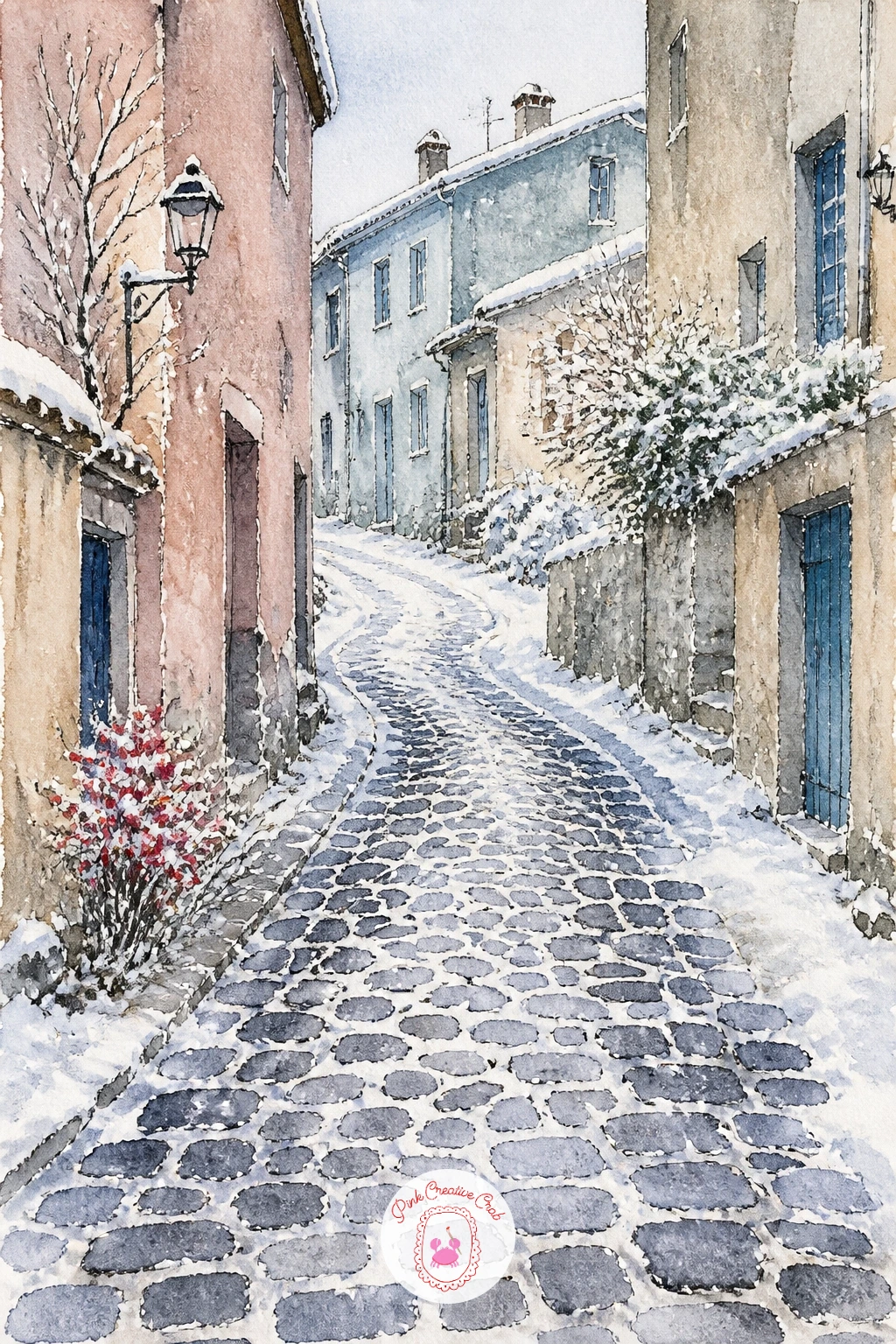 Winding Cobbled Lane With Snow in the Gaps — Focus in tight on texture now with a winding cobbled lane, snow caught in the gaps between the stones. Village