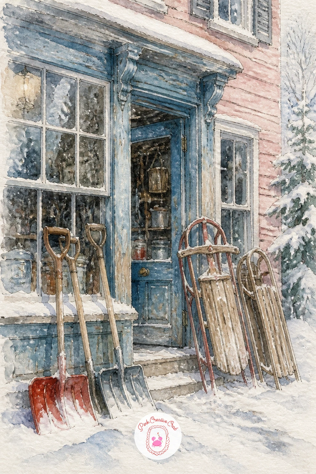 Village Hardware Store With Shovels and Sleds Outside — Return to a working shopfront with the village hardware store, its stock of shovels and sleds leaned