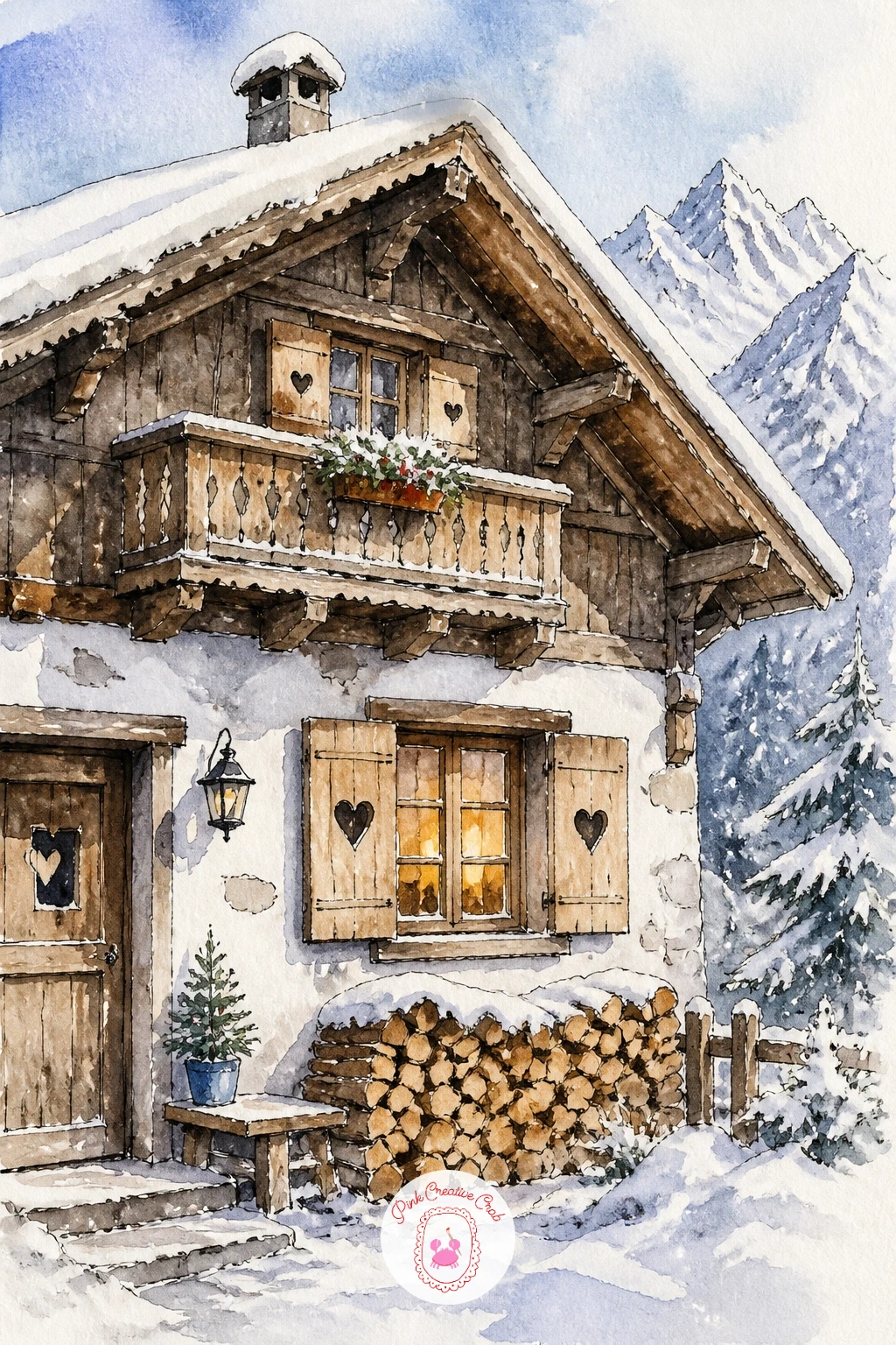 Chalet With Heart-Cut Shutters and Stacked Firewood — Settle into a cozier close-up with a single chalet, its shutters cut with small heart shapes and firewood