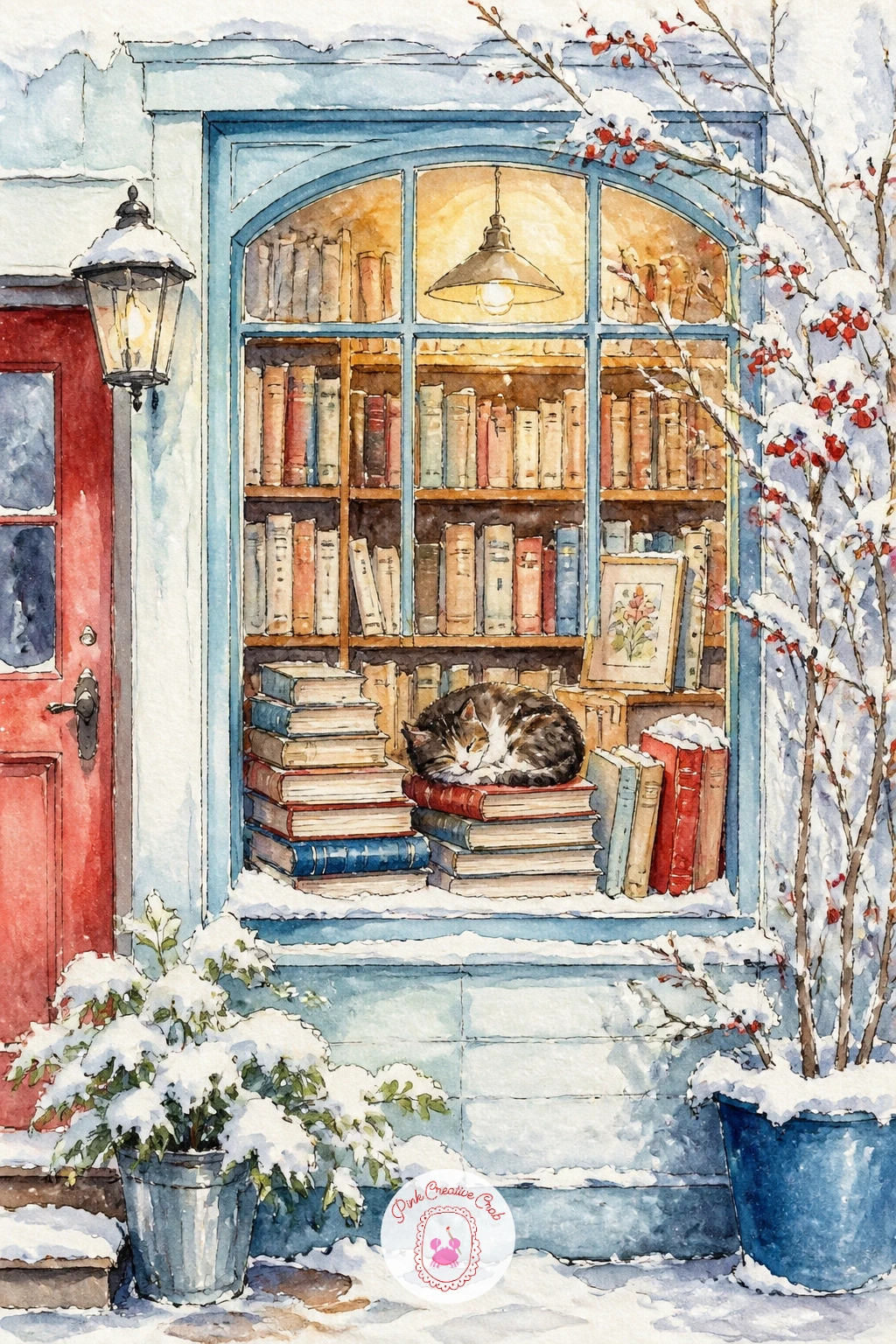 Village Bookshop With a Cat in the Window — Keep the cozy mood going with a village bookshop, a cat curled asleep in its window among the stacked titles.