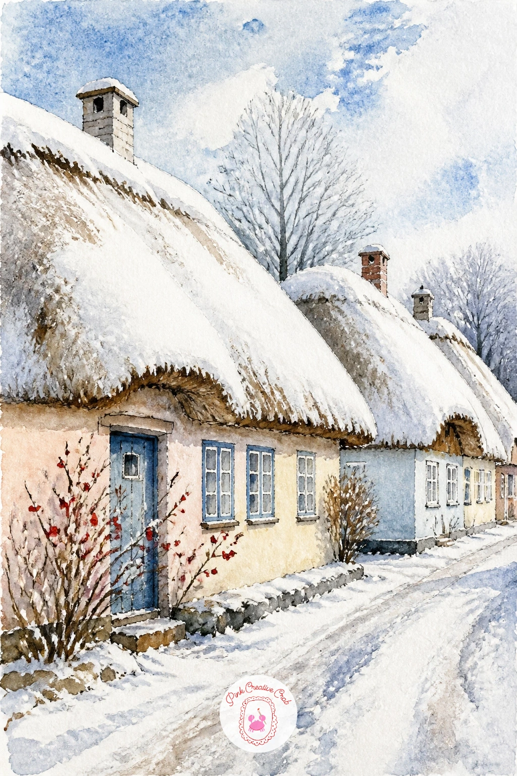 Danish Village of Thatched Cottages Under Snow — Soften the roofline for a Danish village of thatched cottages, their heavy straw roofs carrying a thick