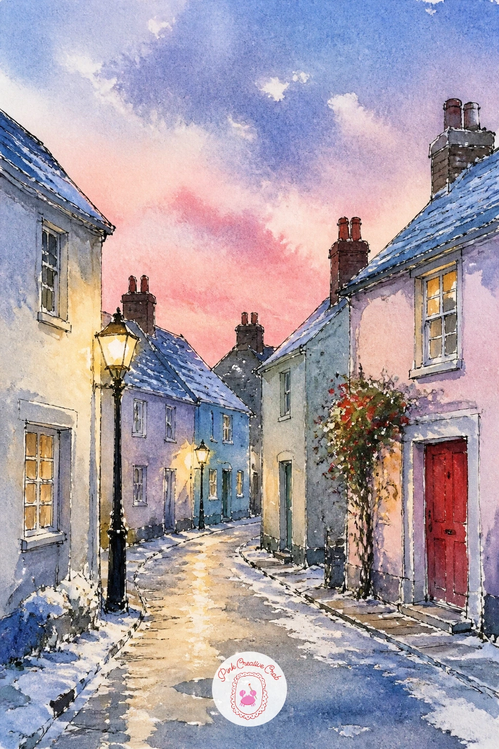 Village Lane in Late Afternoon With Lamps Just Lit — Capture a change in light with a village lane in late afternoon, the streetlamps only just switched on