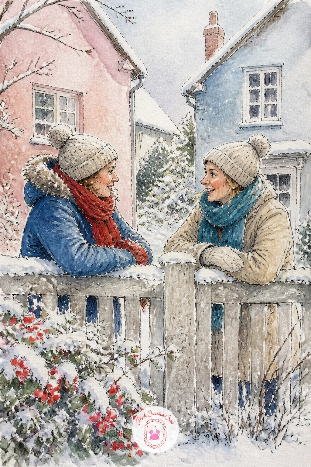 Two Neighbors Chatting Over a Snowy Garden Fence — Close the list with the smallest, warmest scene of all: two neighbors pausing to chat over a snowy garden