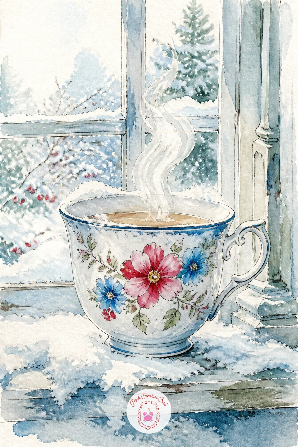 Floral Teacup On Snowy Windowsill — Start with the floral teacup, since it teaches you the whole cup and saucer shape before anything else gets added. Tea cup