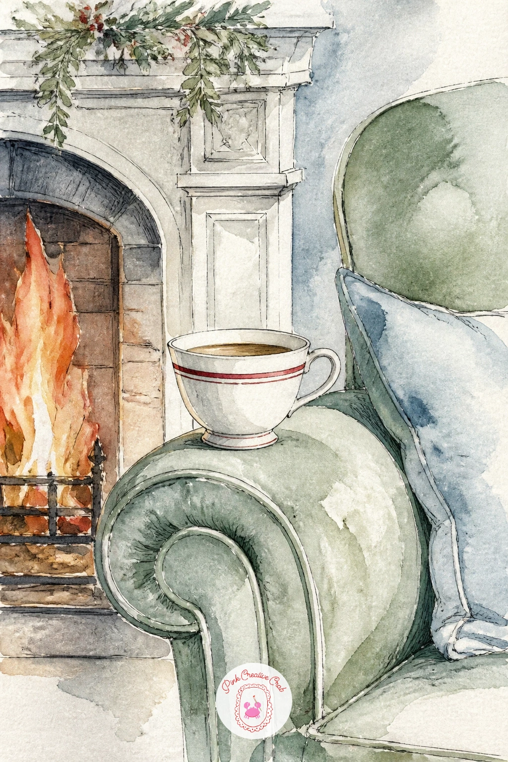 Teacup On Chair Arm By The Fire — Move from the windowsill to the fireside with a teacup balanced on the rolled arm of an armchair. Tea cup drawing