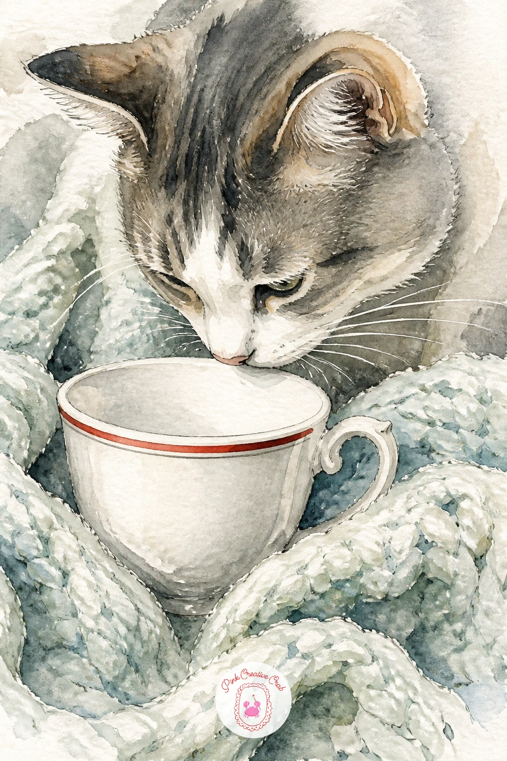 Cat Sniffing Teacup On Knitted Blanket — Bring in the first animal with a cat leaning in to sniff a teacup set on a knitted blanket. Tea cup drawing