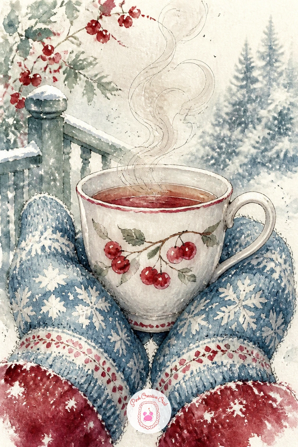 Mittened Hands Holding Teacup On Porch — Hands holding a teacup are easier than they look once you simplify them into soft mitten shapes rather than fingers