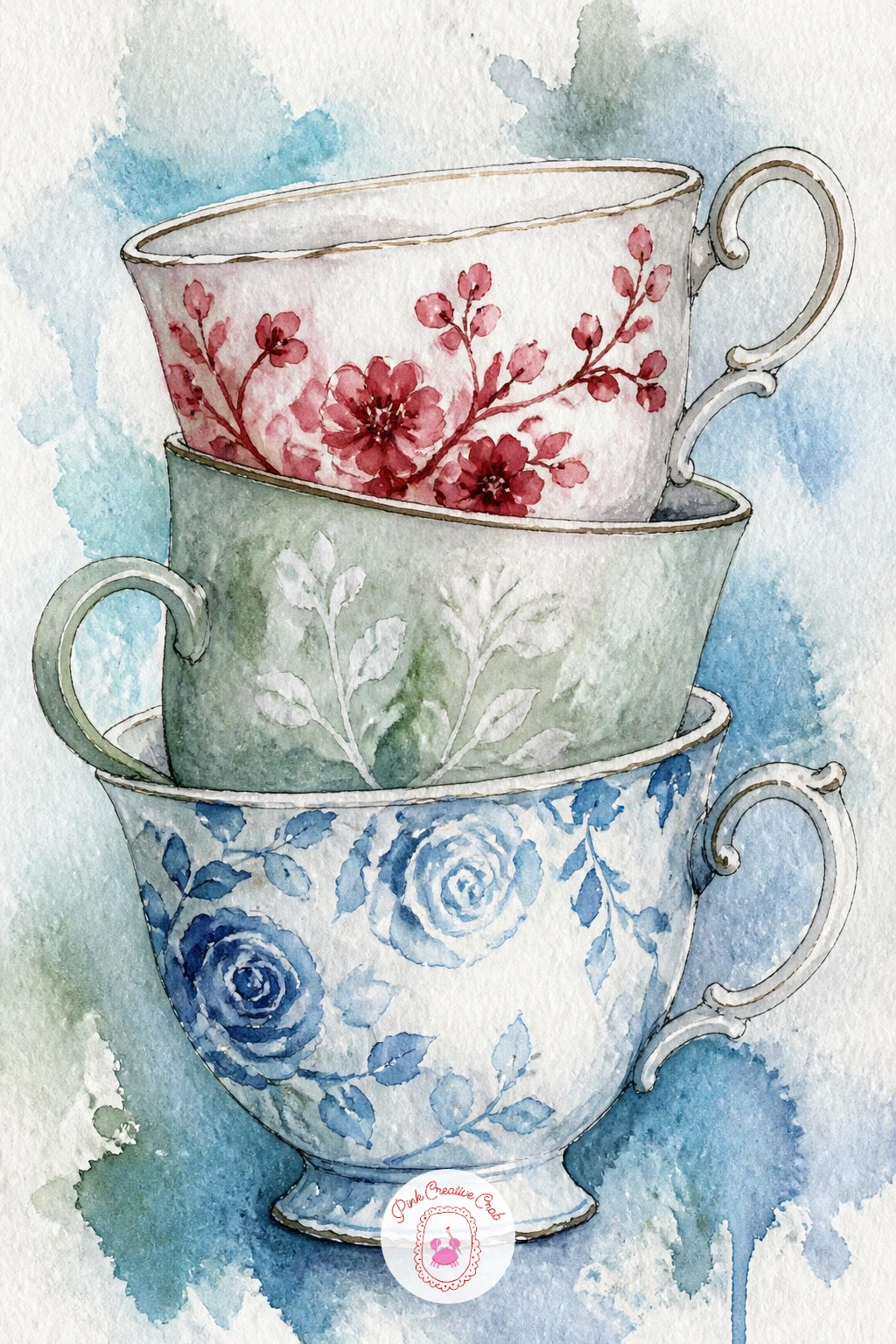 Three Vintage Teacups Stacked On Shelf — Three vintage teacups stacked on a kitchen shelf asks you to repeat a shape with small variations, which is good