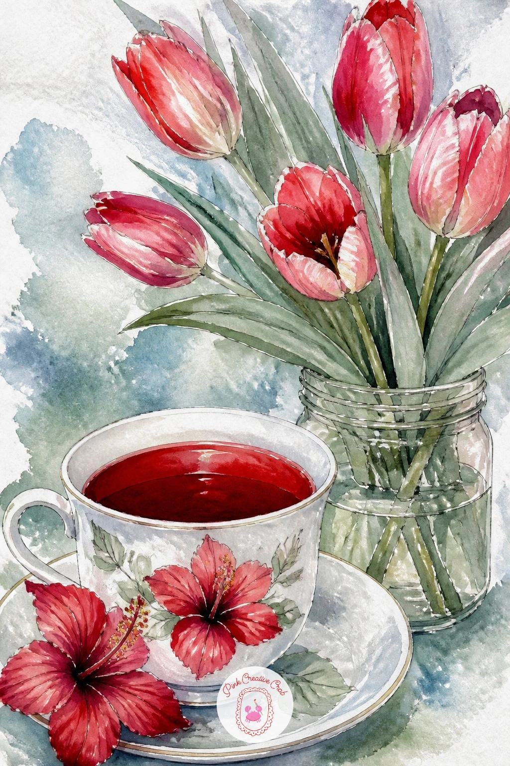 Hibiscus Teacup Beside February Tulips — Hibiscus tea gives you an excuse to paint a deep cherry red liquid glowing inside a pale cup, so start with the cup