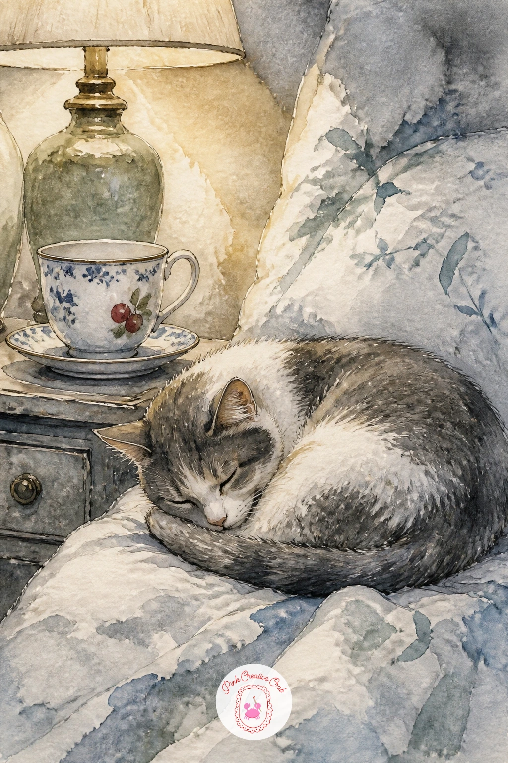 Teacup On Bedside Table Beside Sleeping Cat — A sleeping cat beside a teacup on a bedside table slows the whole mood down, so draw the cat first as a simple