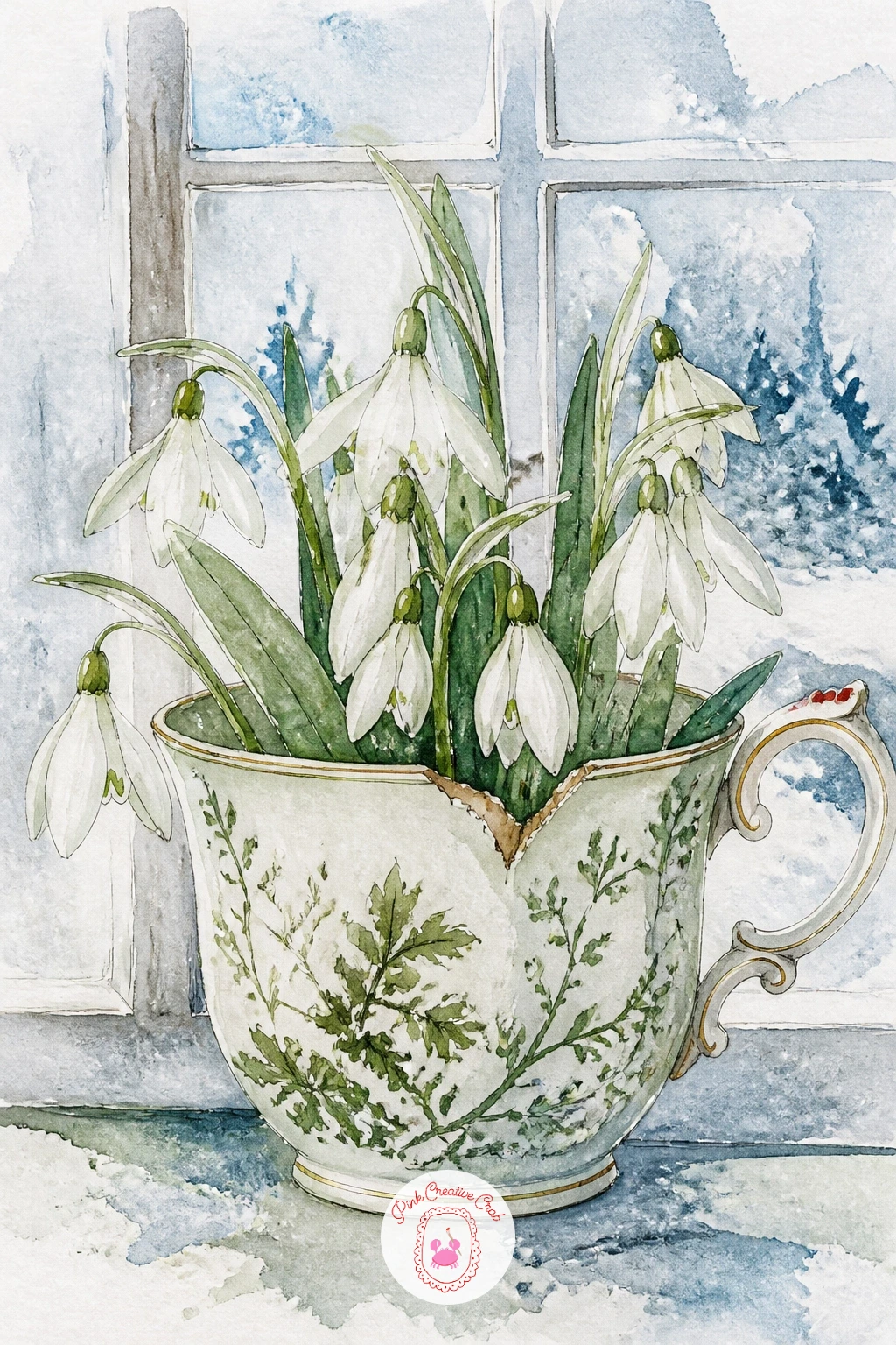 Chipped Heirloom Teacup With Snowdrops — A chipped heirloom teacup filled with snowdrops lets you paint damage on purpose, which feels strange at first but