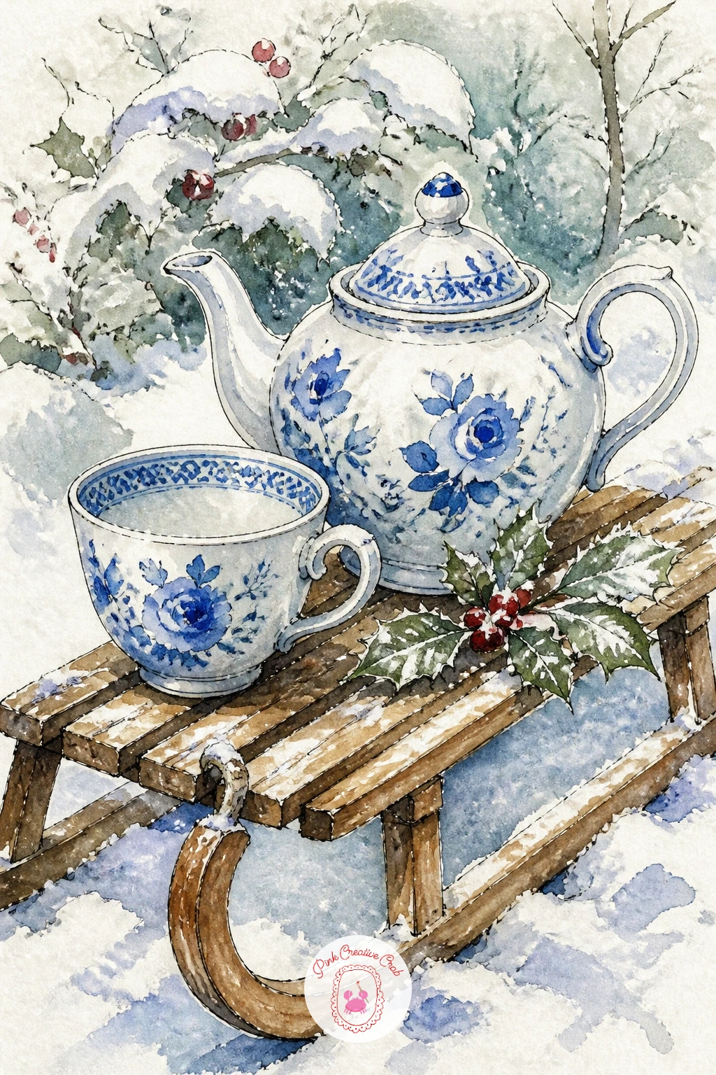 Teacup And Teapot On Sled In Snow — Setting a teacup and teapot out on a sled in the garden snow is really two porcelain shapes and one wooden one, so block in