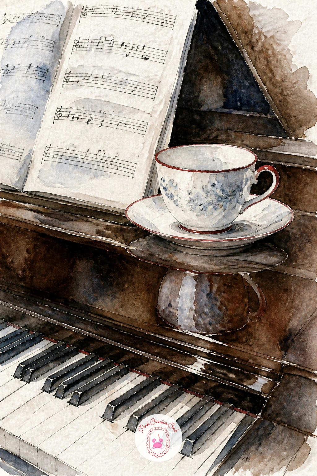 Teacup On Piano Lid With Sheet Music — A teacup on a piano lid beside open sheet music mixes a curved porcelain shape with straight architectural lines, so