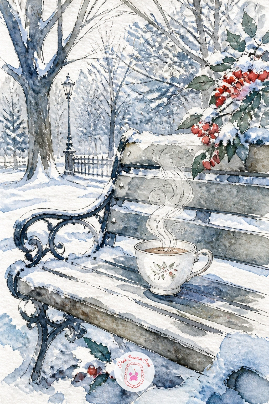 Teacup Steaming On Bench In Snowy Park — Taking the teacup outside to a bench in a snowy park means painting it small against a wider view, so this is the one