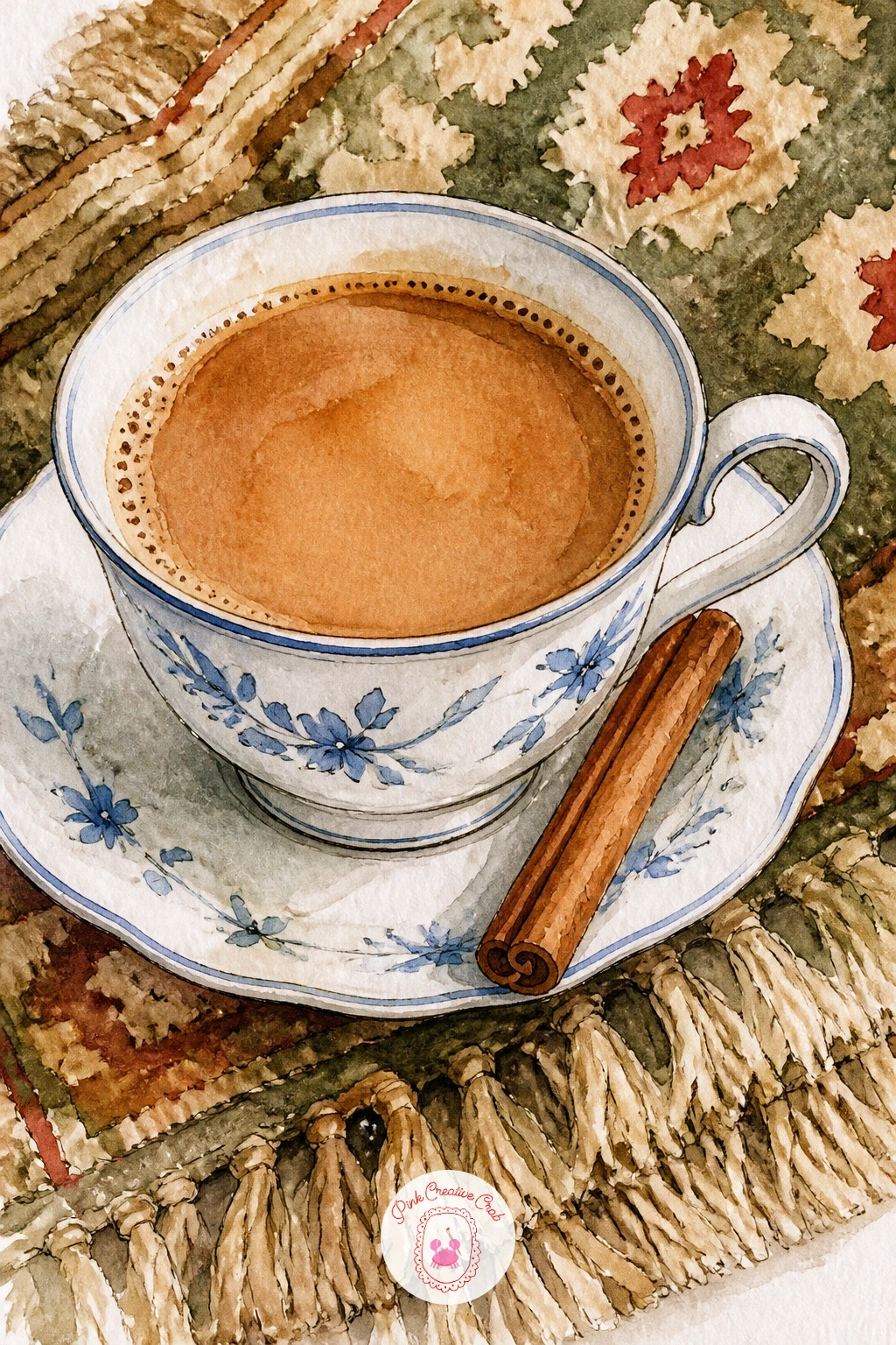 Chai Teacup With Cinnamon Stick On Rug — Chai with a cinnamon stick resting against the cup brings in a warm spiced color and one extra little prop to balance