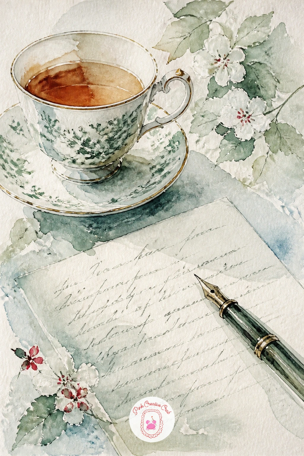 Teacup On Writing Desk With Half Letter — A writing desk scene with a half-written letter and a pen beside the cup is a nice one for practicing where your eye