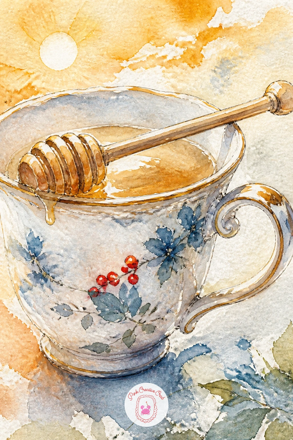 Teacup With Honey Dipper At Dawn — A honey dipper resting across the cup at dawn gives you a chance to paint warm early light alongside the usual porcelain