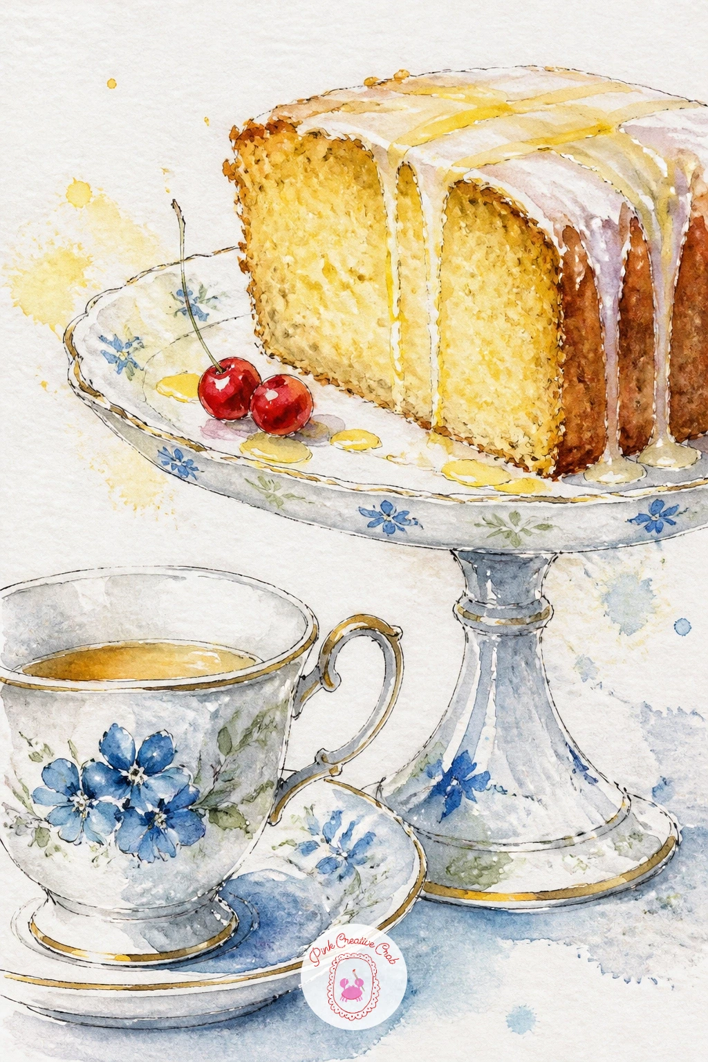 Teacup And Lemon Drizzle Cake On Stand — A slice of lemon drizzle cake on a cake stand beside the teacup brings height into the composition, since the stand
