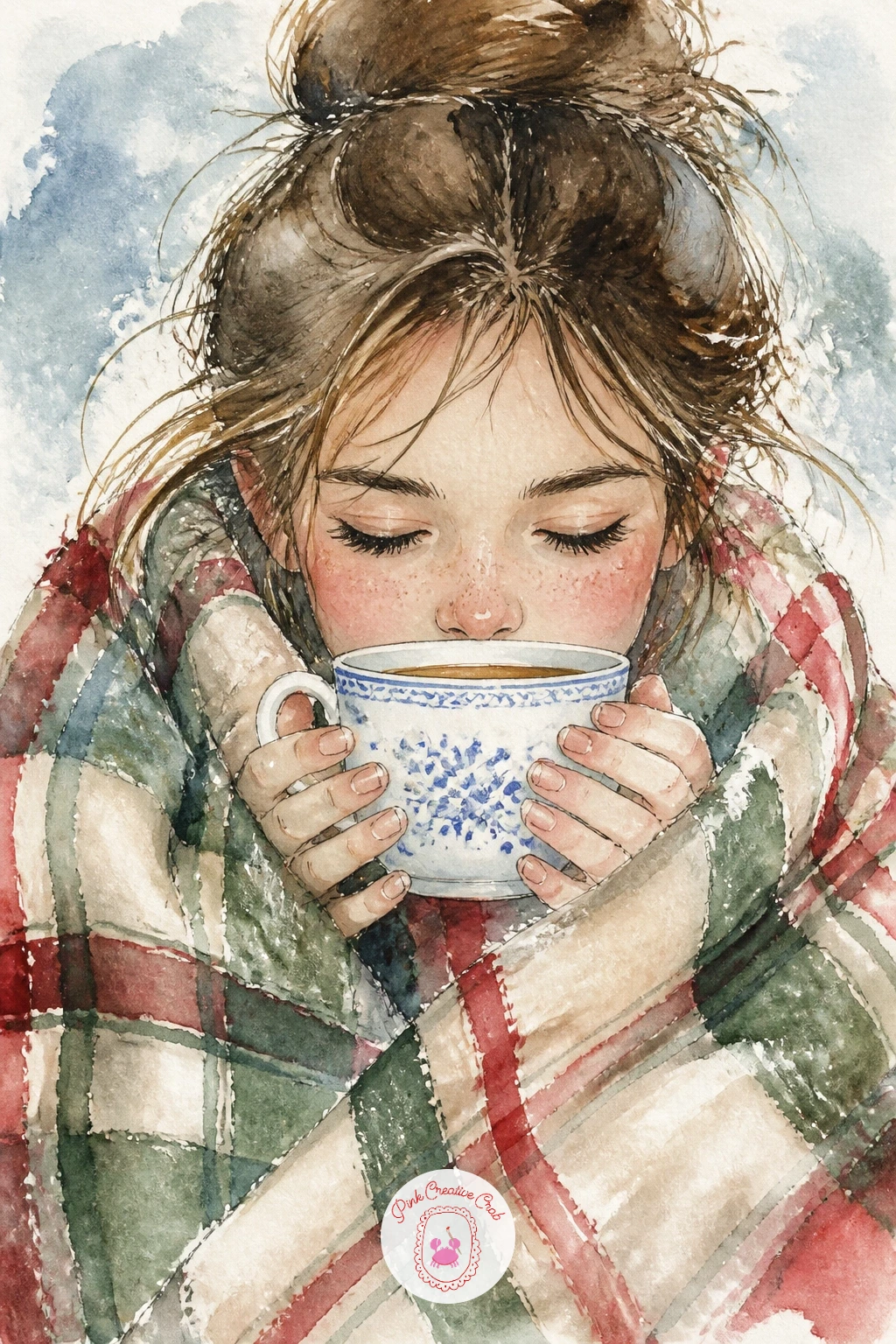 Girl In Plaid Blanket Holding Teacup — A girl wrapped in a plaid blanket holding her teacup brings a person into the scene, so keep her simplified: an oval