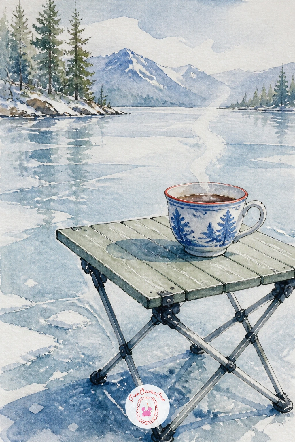 Teacup On Camping Table By Frozen Lake — Moving the teacup to a camping table beside a frozen lake pushes the winter mood further out into the cold. Tea cup