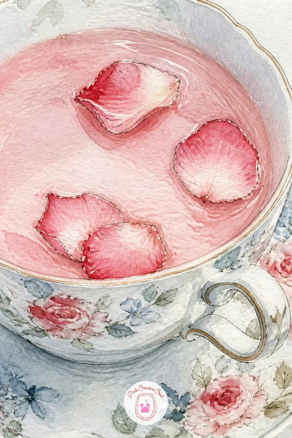 Pink Tea With Floating Rose Petals — Pink tea with rose petals floating on top asks for a soft blush color inside the cup rather than the deeper cherry red