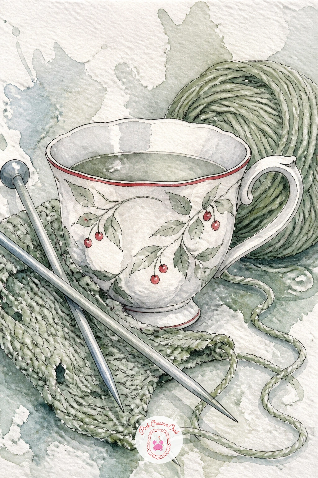 Teacup Between Knitting Needles And Yarn — Setting the teacup between a pair of knitting needles and a ball of sage yarn means drawing two long thin diagonal