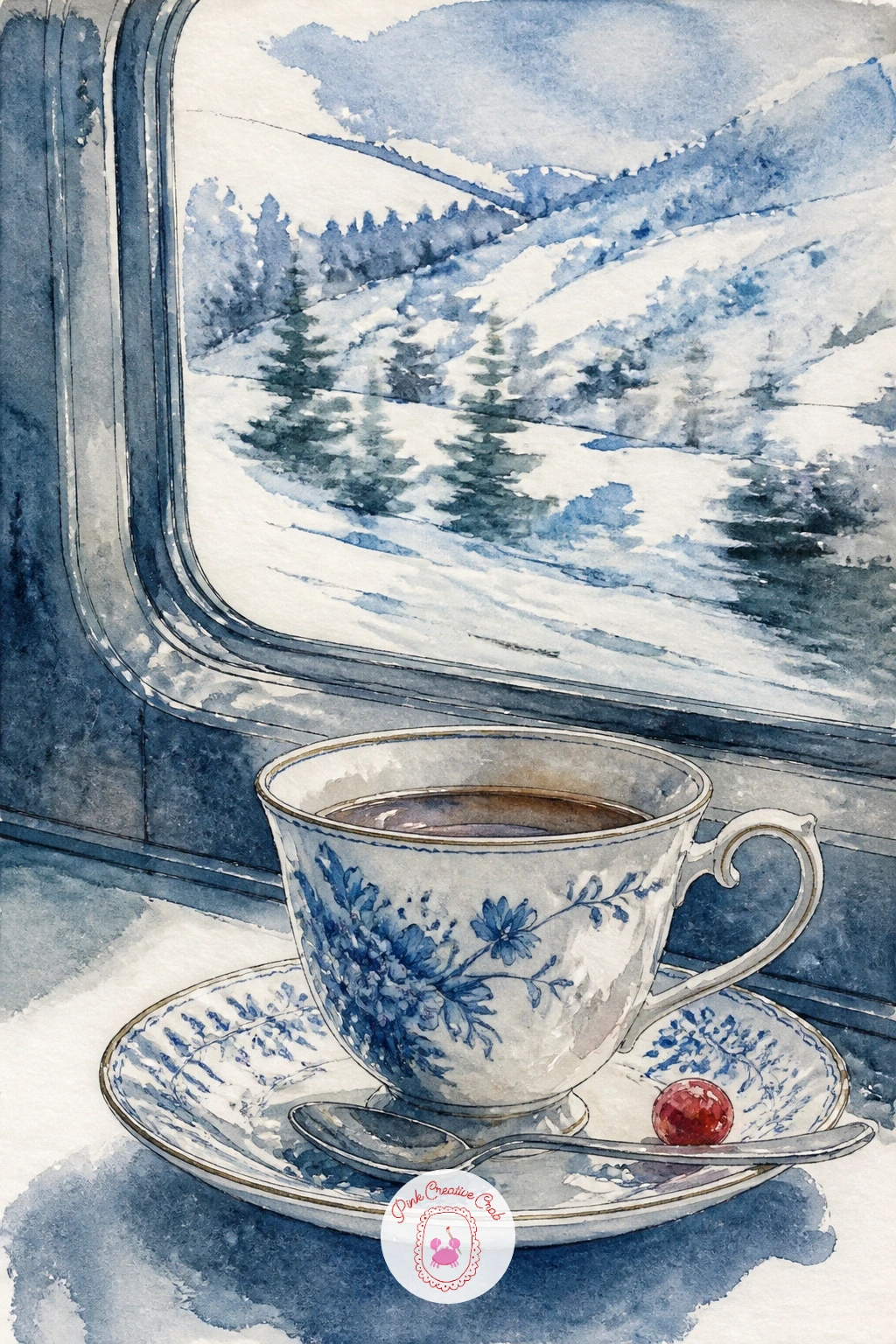 Teacup On Train Table With Snowy Hills — A teacup on a train table with snowy hills passing outside the window brings perspective into play through the window