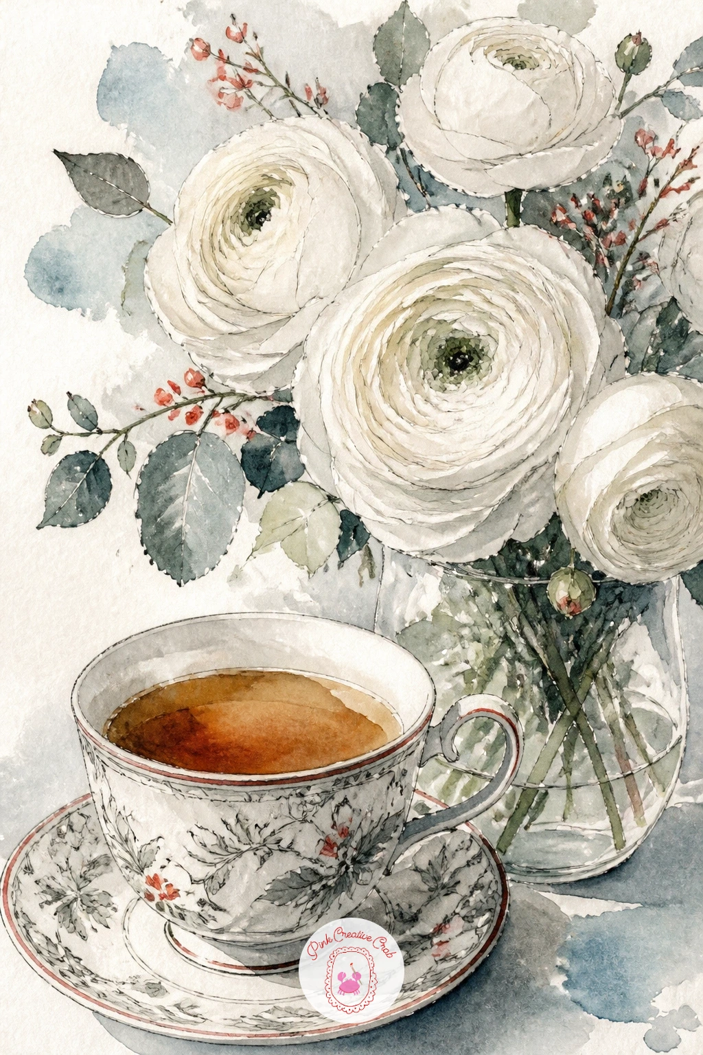 Earl Grey Teacup With White Ranunculus — Earl Grey beside a vase of white ranunculus is a quieter, more monochrome idea than some of the others, so lean into